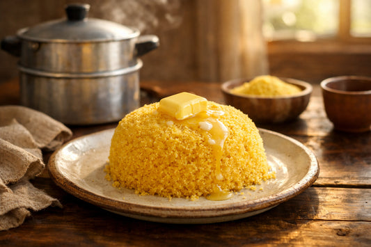 Cuscuz Brasileiro — a close-up of the fluffy yellow cornmeal dish on a ceramic plate with a pat of melting butter.
