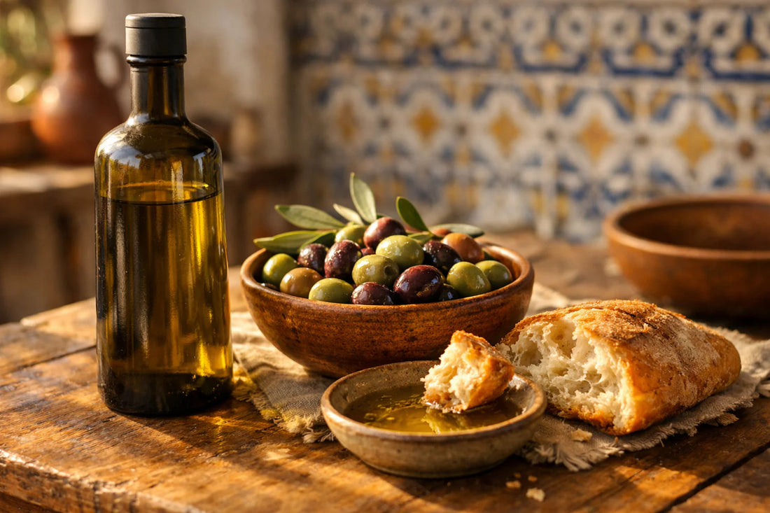 Esporão Azeite — een fles Portugese olijfolie op een rustieke tafel met verse olijven en brood.