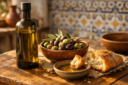 Esporão Azeite — een fles Portugese olijfolie op een rustieke tafel met verse olijven en brood.