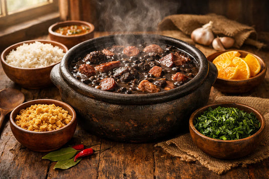 Feijoada recept — een traditionele Braziliaanse stoofpot in een aarden pot met bijgerechten van rijst, farofa en sinaasappel.