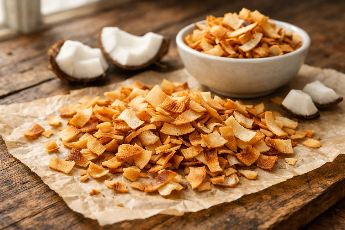 Kokos Chips Geroosterd — freshly baked golden coconut chips scattered on parchment paper next to a white bowl.