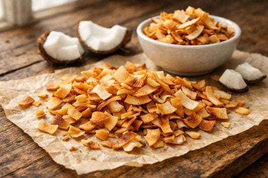 Kokos Chips Geroosterd — freshly baked golden coconut chips scattered on parchment paper next to a white bowl.