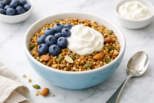 Eat Natural Super Granola — A healthy bowl of granola with seeds, nuts, and fresh berries, ready for breakfast.