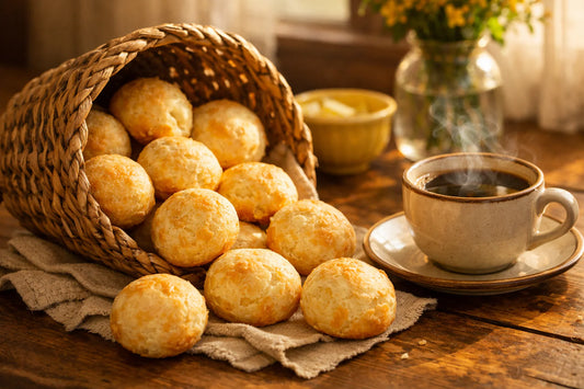 Pão de queijo na Holanda — A basket of freshly baked Brazilian cheese bread on a wooden table next to a cup of coffee.