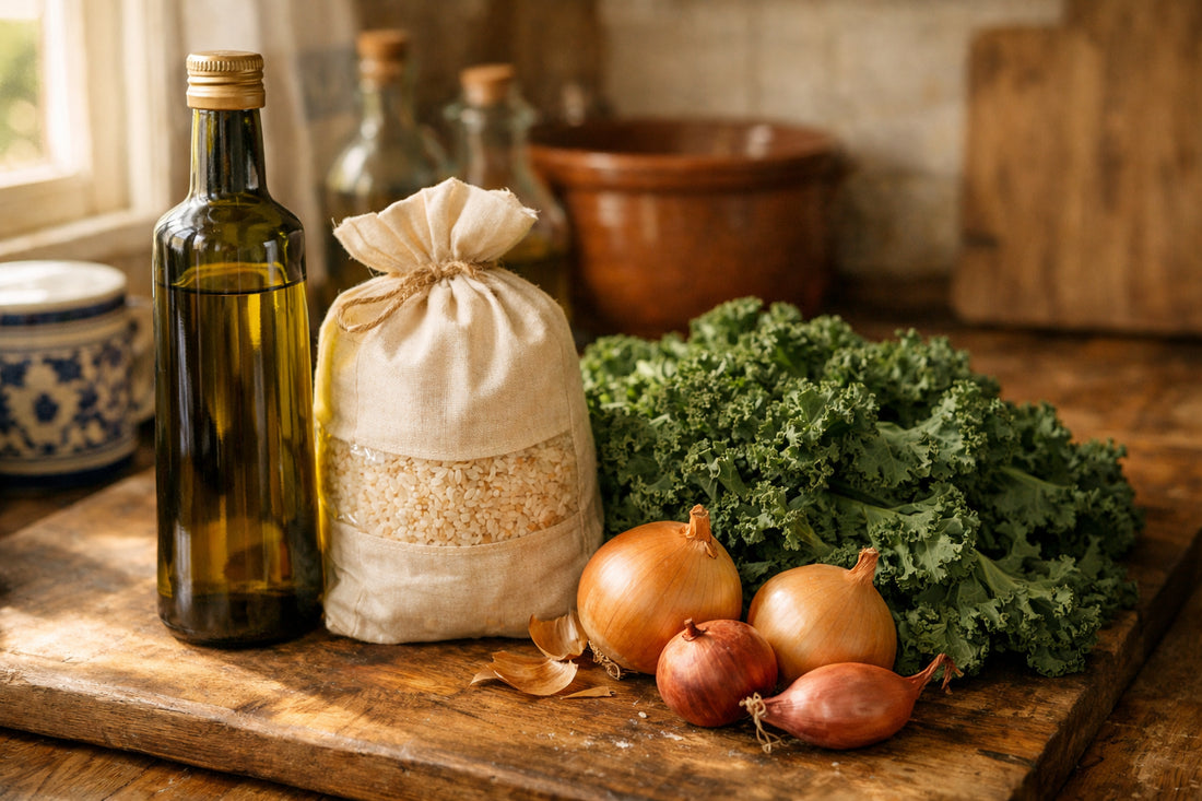 Receitas portuguesas na Holanda — uma mistura de ingredientes portugueses e holandeses num balcão de cozinha.