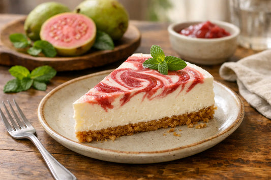 No-Bake Cheesecake met Goiabada — een plakje romige cheesecake met een roze guave swirl op een keramisch bord.