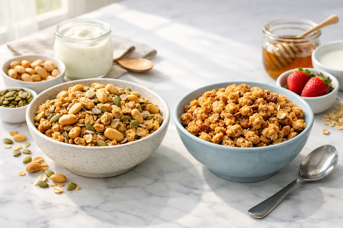 Holie's vs Eat Natural Granola — twee kommen granola naast elkaar op een helder aanrecht voor een vergelijking.