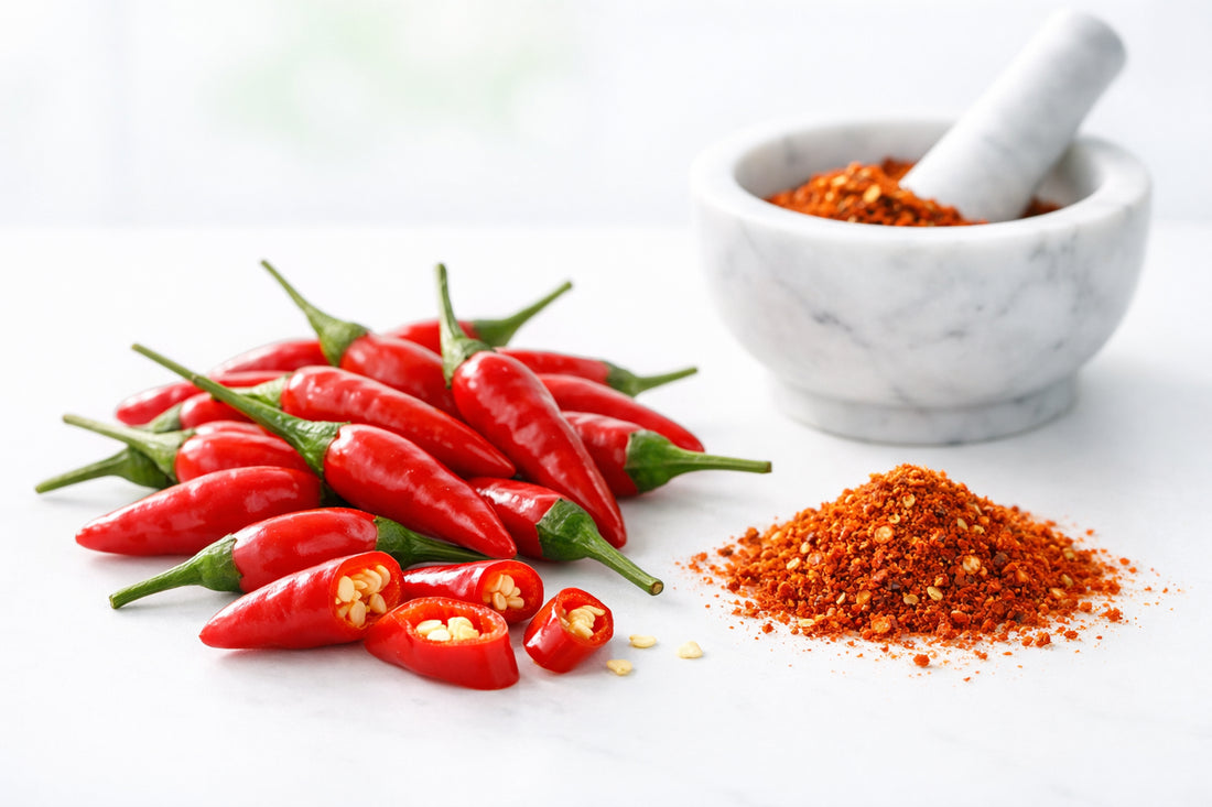 Malagueta Pepper spice — fresh red Malagueta peppers and ground spice on a white surface