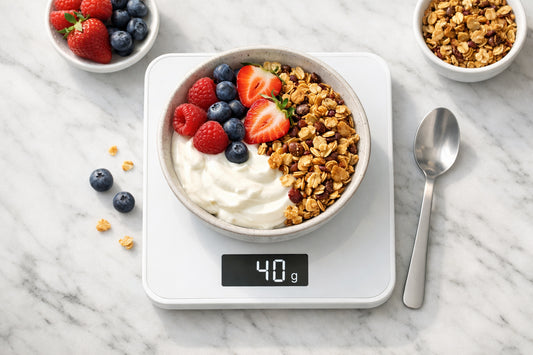 Hoeveel granola per dag — een kom met een afgemeten portie van 40g granola, yoghurt en bessen op een keukenweegschaal.