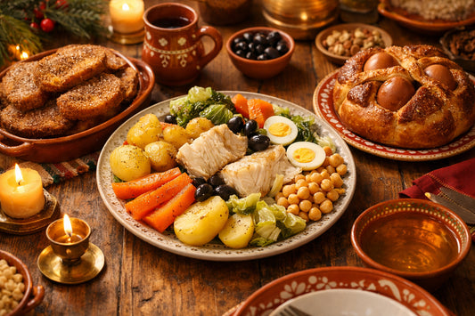 Receitas Portuguesas — a festive holiday table with traditional dishes like bacalhau, rabanadas, and folar da páscoa.