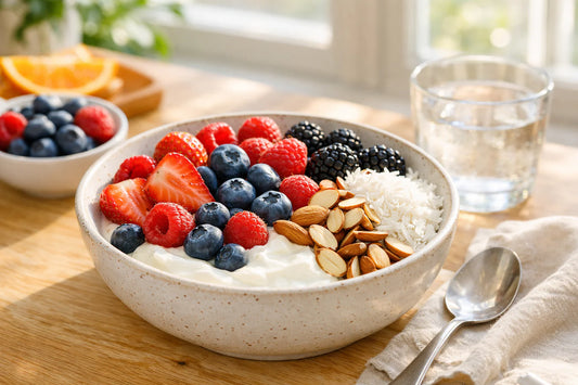 Low-sugar ontbijt bowl — a healthy bowl of yogurt topped with fresh berries, shredded coconut, and nuts.