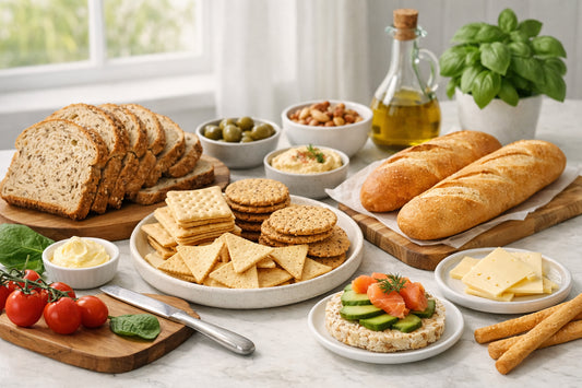 Schär producten — an assortment of gluten-free bread, crackers, and a baguette on a kitchen counter.