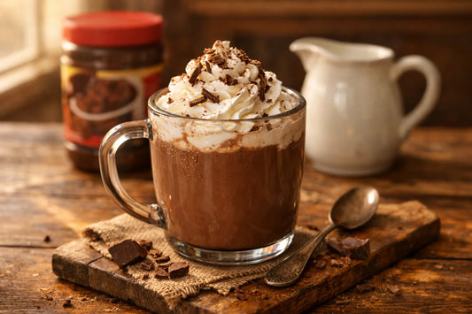 Zelfgemaakte chocomel — een warm glas chocolademelk met slagroom op een rustieke houten tafel.