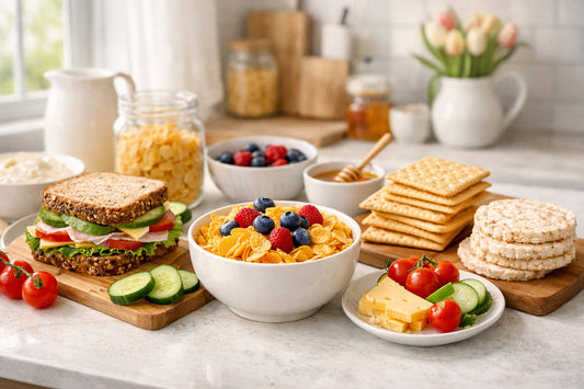 Produtos sem glúten na Holanda — a selection of Schär gluten-free bread, crackers, and cereal on a clean kitchen counter.