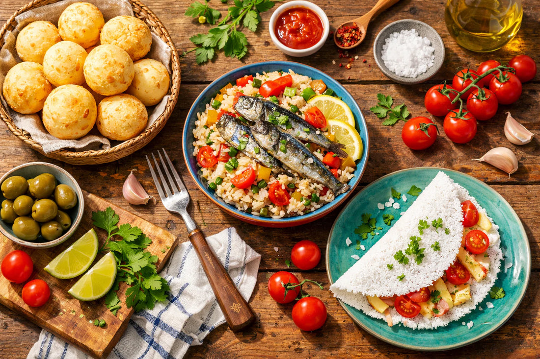 Snelle Recepten — A vibrant flat lay of several quick Portuguese and Brazilian dishes on a rustic table.