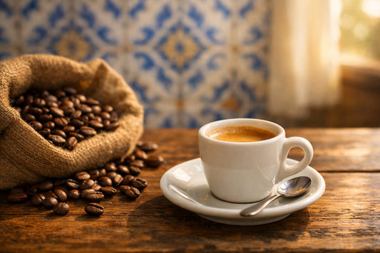 Café Português — A cup of fresh espresso on a rustic wooden table with traditional Portuguese azulejo tiles in the background.