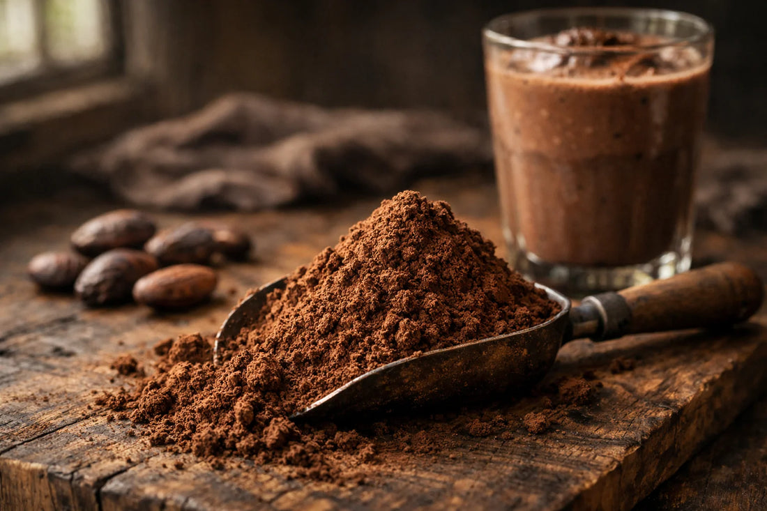 Raw Organic Food Cacaopoeder — a scoop of dark cacao powder on a wooden table next to a chocolate smoothie.
