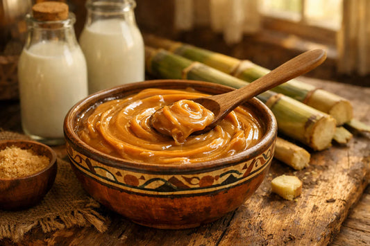 Dulce de Leche — traditional ceramic bowl of golden dulce de leche with a wooden spoon on a rustic table