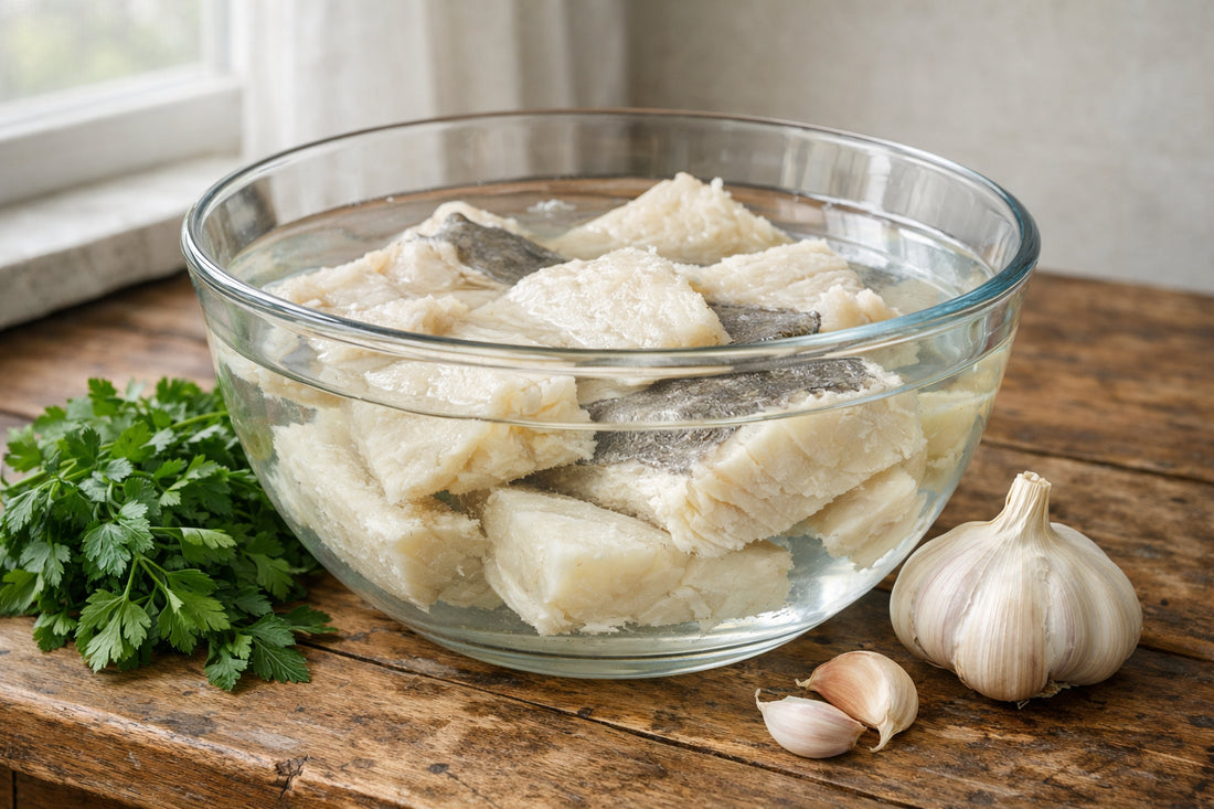 Bacalhau bereiden — stukken gezouten kabeljauw die weken in een glazen kom met water op een houten aanrecht.