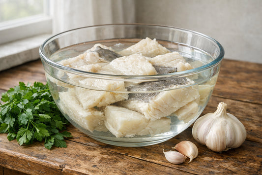 Bacalhau bereiden — stukken gezouten kabeljauw die weken in een glazen kom met water op een houten aanrecht.