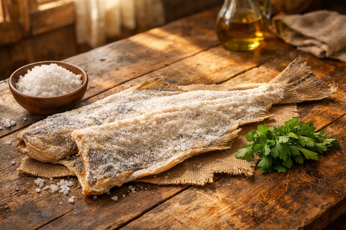 Bacalhau — A whole piece of dried salted codfish on a rustic wooden table, ready for preparation.