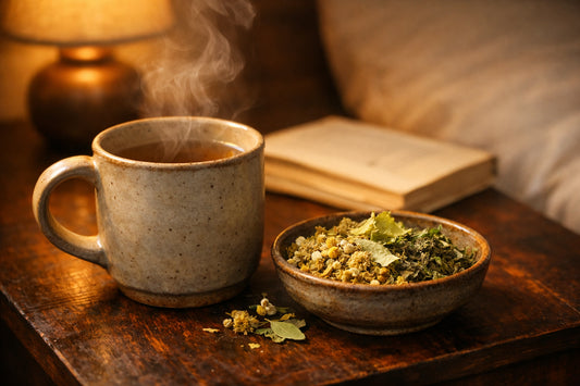 Infusão Noite Tranquila — A warm cup of herbal tea on a bedside table with dried chamomile and linden flowers.