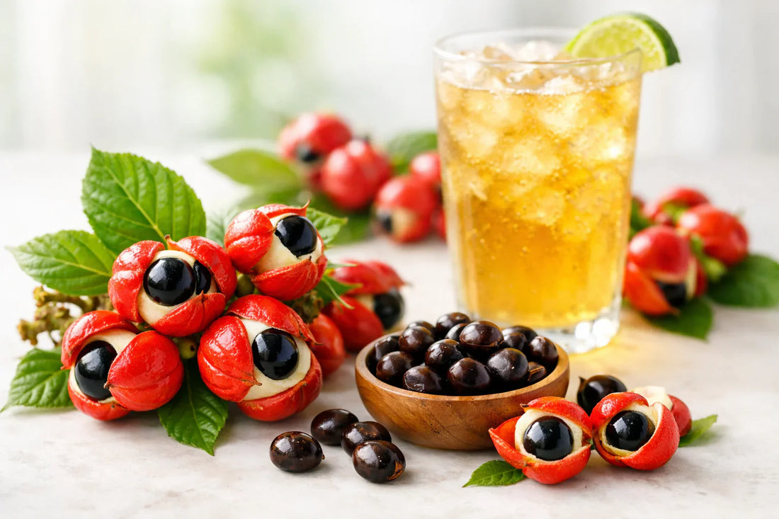 Guaraná beverage — fresh guaraná fruits and seeds with a glass of guaraná beverage