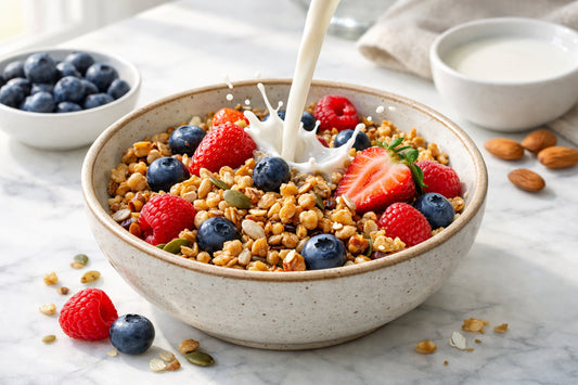Eat Natural Granola Boekweit — a healthy bowl of gluten-free granola with buckwheat, seeds, and fresh berries.