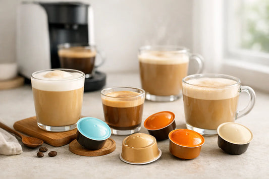 Dolce Gusto melkkoffie capsules — a variety of Flat White, Cortado, and Café au Lait capsules on a clean kitchen counter.