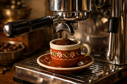 Café português — close-up of an espresso machine preparing an authentic bica with a traditional ceramic cup nearby.