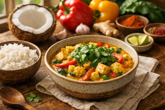 Vegan Kokos Curry — a vibrant bowl of curry with rice, garnished with fresh coriander on a wooden table.