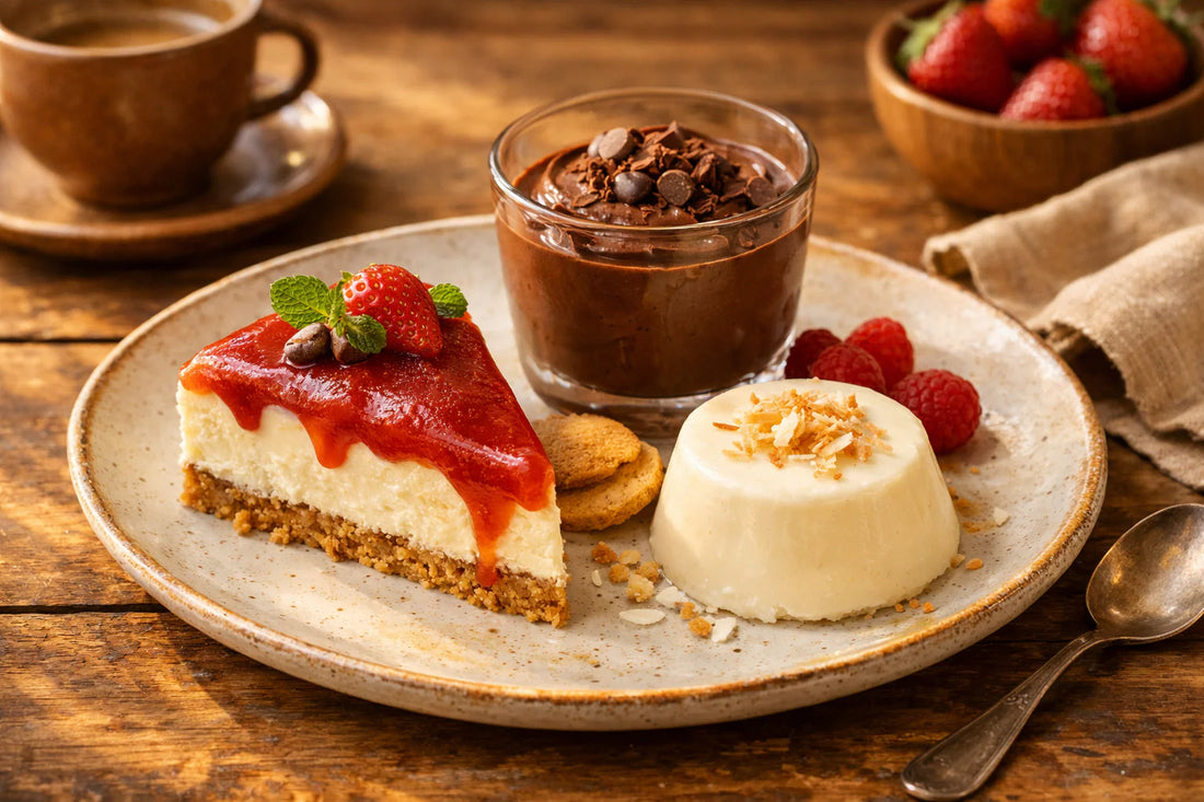 Makkelijke desserts — a platter with a slice of no-bake cheesecake, chocolate mousse, and coconut panna cotta on a wooden table.