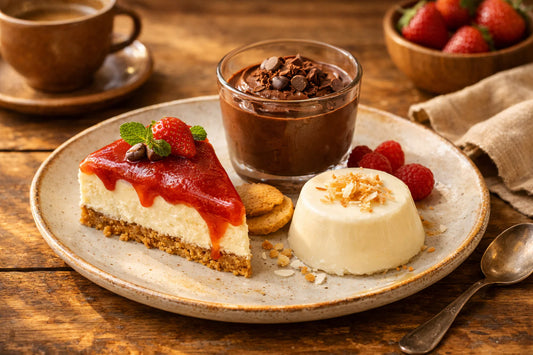 Makkelijke desserts — a platter with a slice of no-bake cheesecake, chocolate mousse, and coconut panna cotta on a wooden table.