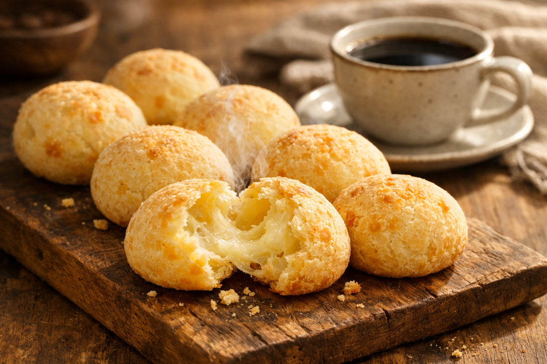 Melhor pão de queijo na Holanda — freshly baked Brazilian cheese breads on a rustic wooden board next to a cup of coffee.