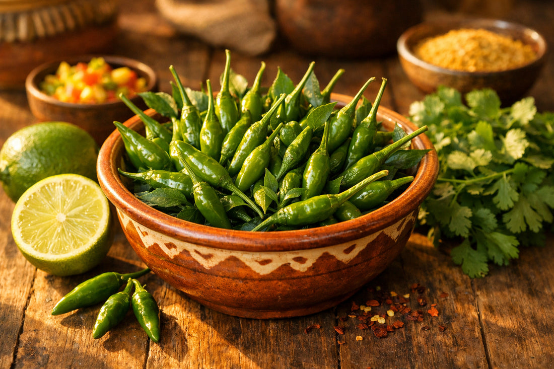 Malagueta pepper spice — fresh green Malagueta pepper sprigs in a Brazilian ceramic bowl on a rustic table
