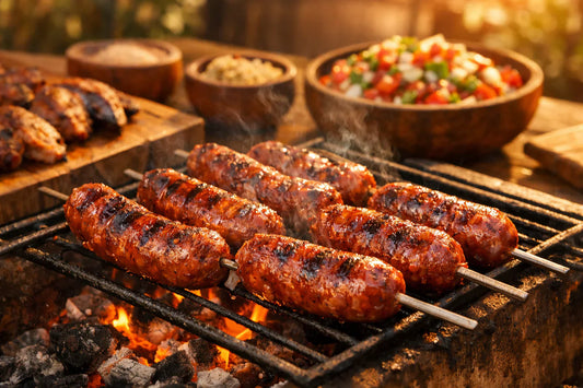 Linguiça Calabresa sausage — close-up of the smoked sausage sizzling on a traditional Brazilian churrasco grill.
