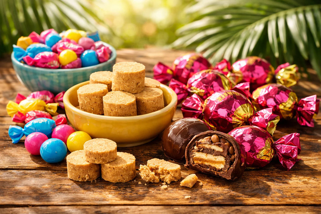Braziliaans snoep — een assortiment van Braziliaanse snoepjes zoals Paçoquinha en Sonho de Valsa op een houten tafel.