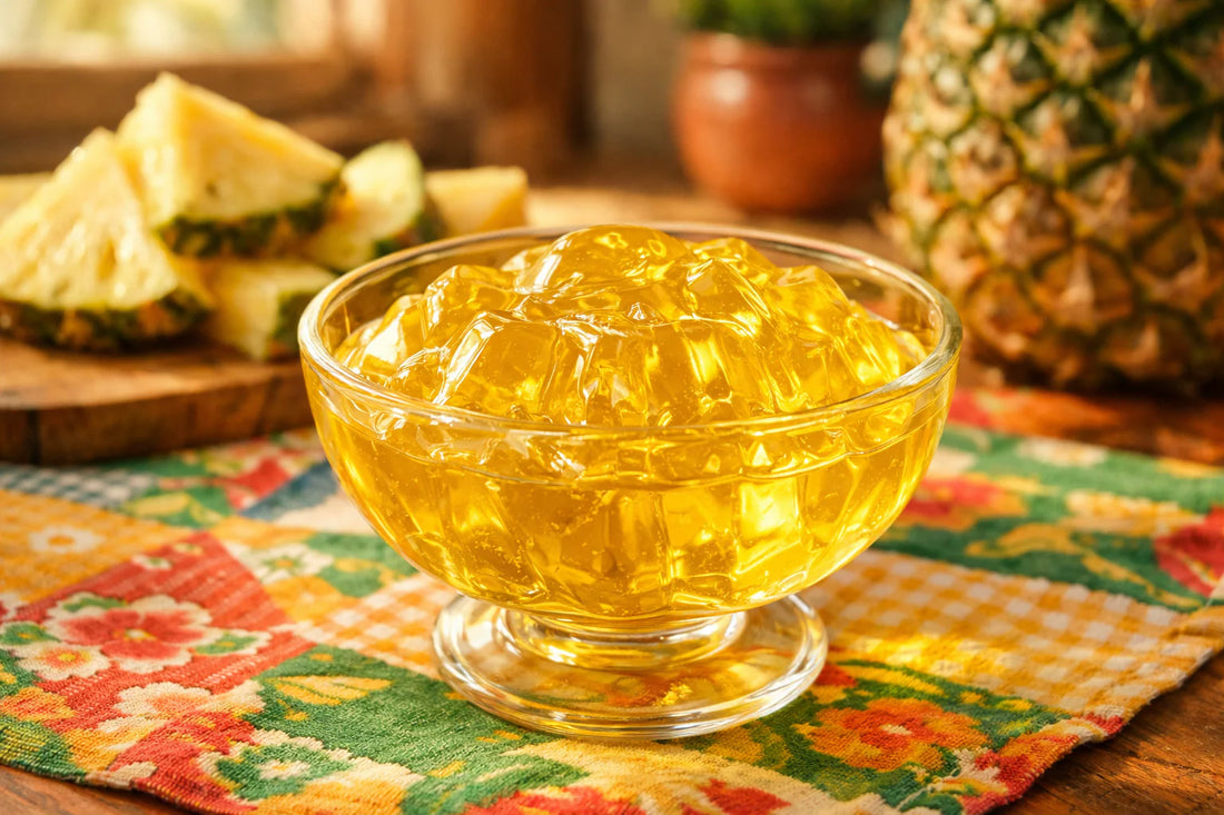 Gelatina — een levendig ananas Gelatina-dessert in een glazen kom op een kleurrijk tafelkleed.