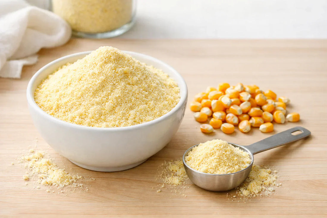 Corn flour — a bowl of fine corn flour with whole corn kernels and a measuring spoon