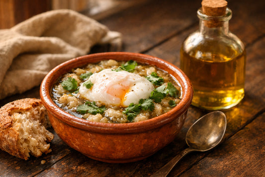 Açorda Alentejana — a rustic bowl of Portuguese bread soup topped with a poached egg and fresh cilantro on a wooden table.