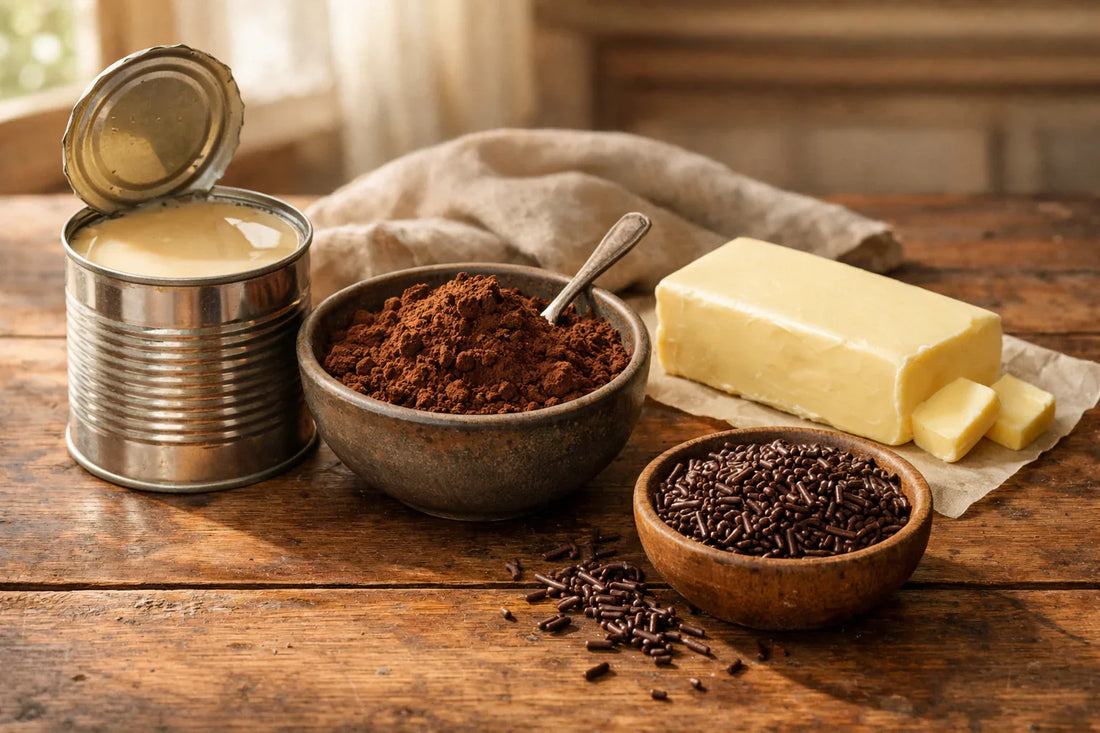 Brigadeiro ingrediënten — een blik gecondenseerde melk, cacaopoeder, boter en chocoladehagelslag op een houten tafel.