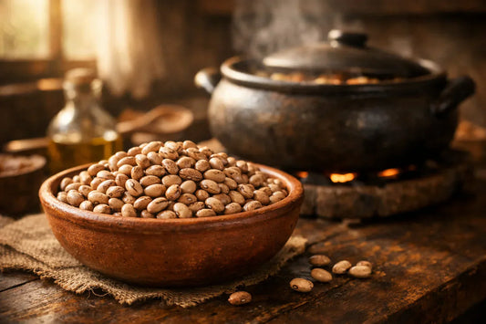 Carioca Beans — a rustic terracotta bowl filled with uncooked beans on a dark wooden table next to a traditional clay pot.