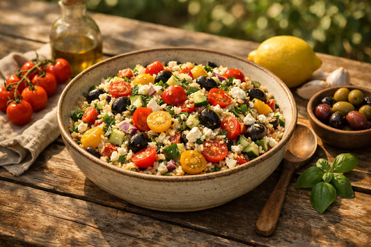 Mediterrane rijstsalade — een kleurrijke salade in een grote keramische kom op een houten picknicktafel.