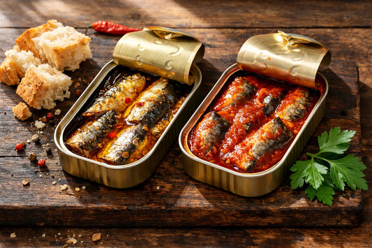 Sardines in olie vs tomatensaus — a side-by-side comparison of two open tins on a rustic board.