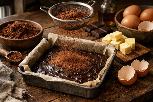 Biologisch cacaopoeder — een kom met donker cacaopoeder wordt gezeefd over browniebeslag op een keukentafel.