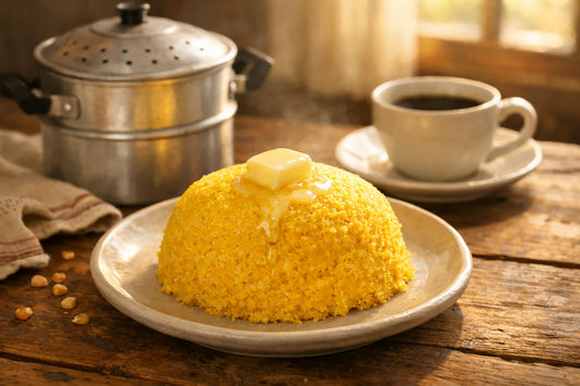 Cuscuz Brasileiro Recept — A freshly steamed, bright yellow cuscuz with melting butter on a ceramic plate.