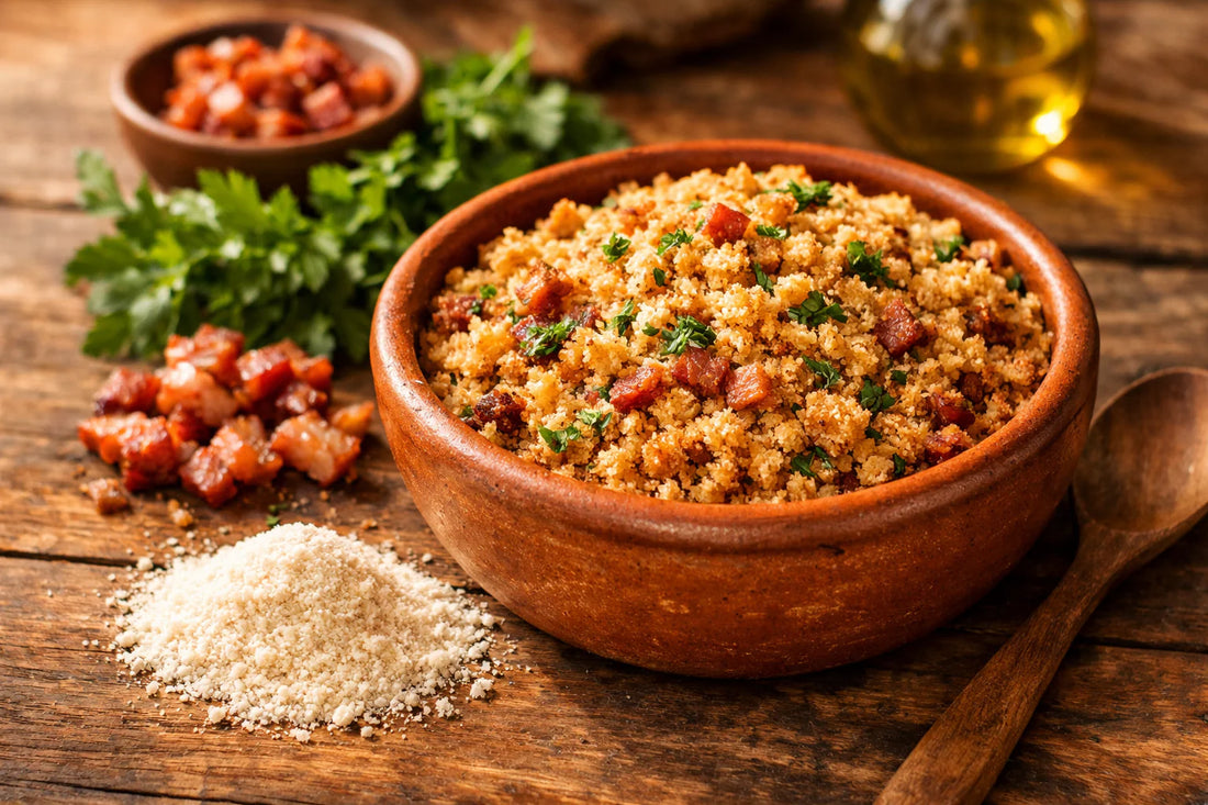 Farofa Recept — A bowl of freshly made Brazilian farofa with bacon and parsley on a rustic wooden table.