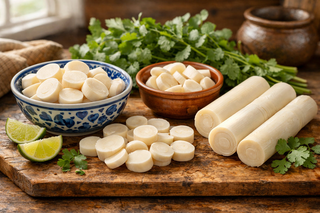 Hearts of Palm — fresh hearts of palm, sliced and whole, on a rustic wooden board with ceramic bowls and herbs
