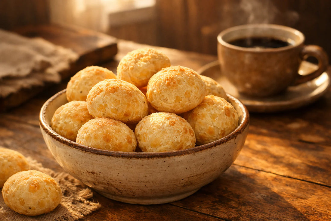 Braziliaans kaasbrood — a bowl of freshly baked, golden-brown pão de queijo on a rustic wooden table.