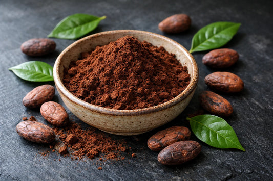 Cacaopoeder gezondheidsvoordelen — een kom met donker, rauw cacaopoeder naast hele cacaobonen op een leistenen achtergrond.